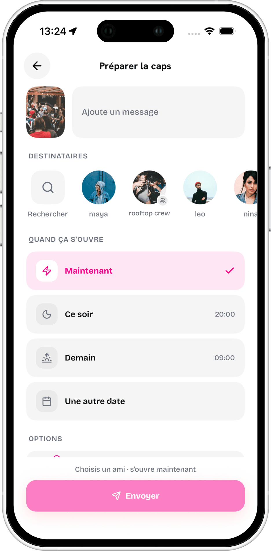 L'écran Préparer la caps, avec le choix du moment d'ouverture