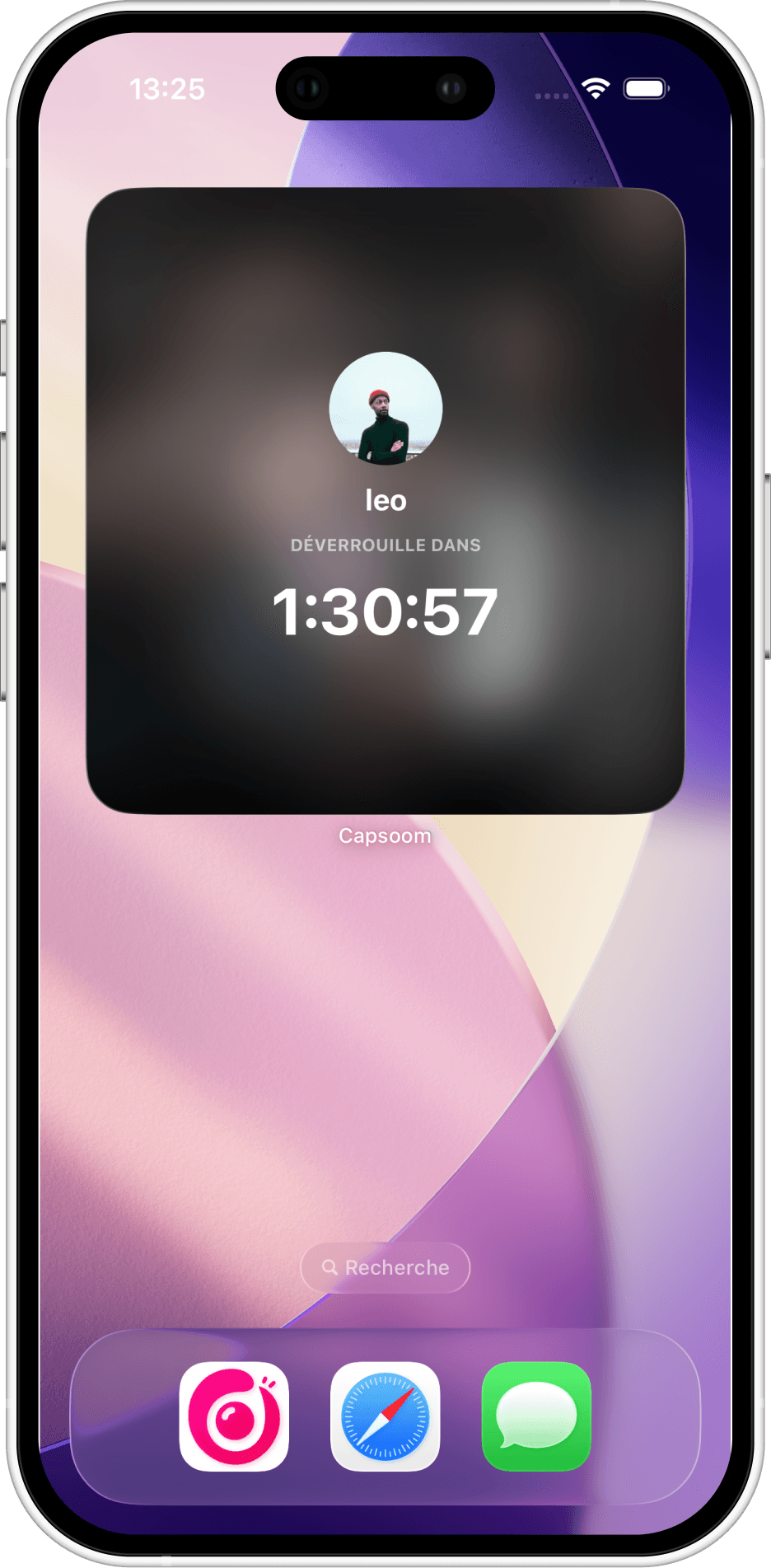 Le widget Capsoom sur l'écran d'accueil, avec le décompte de la prochaine caps