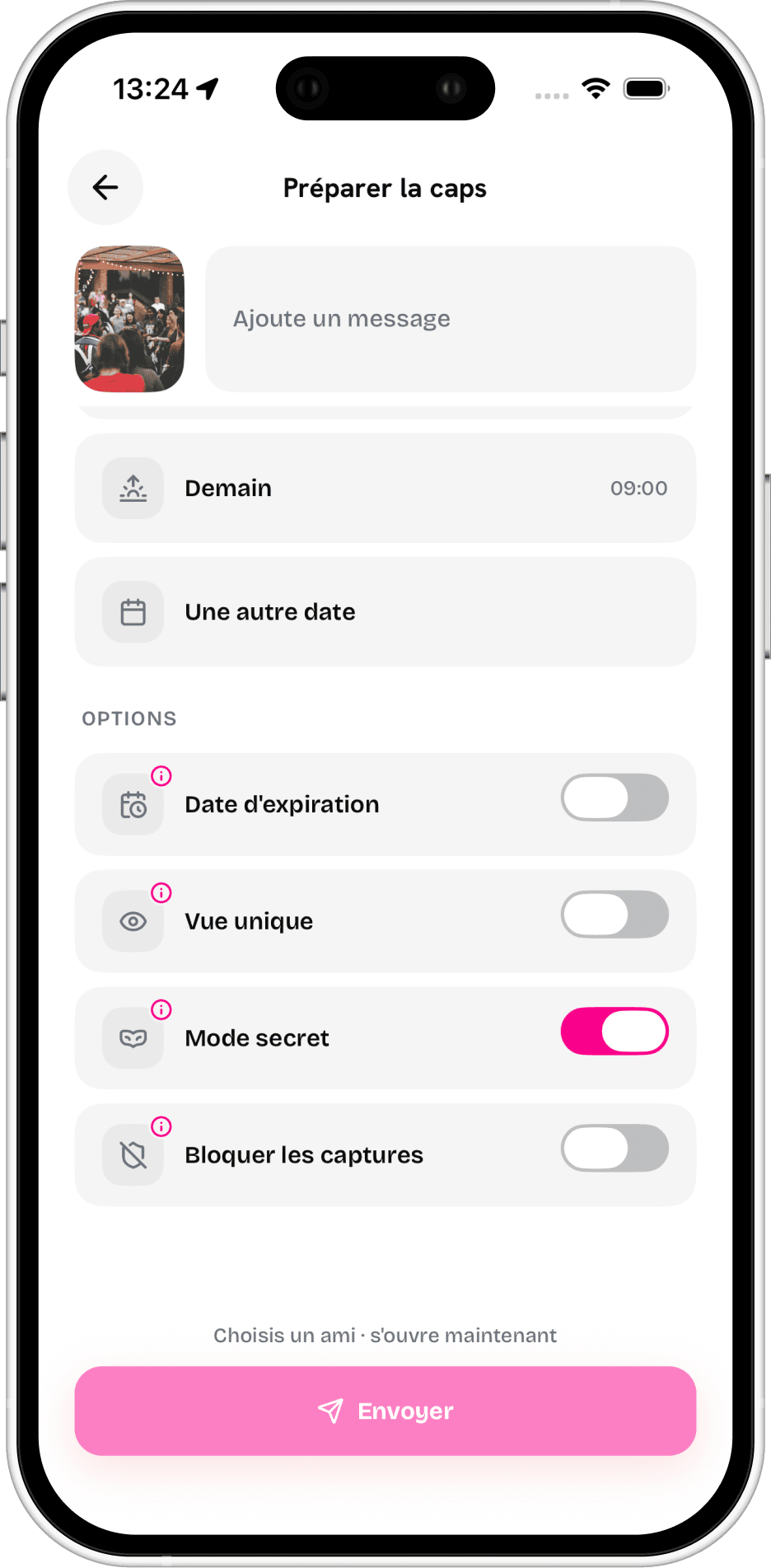 Les options d'une caps : date d'expiration, vue unique, mode secret, blocage des captures