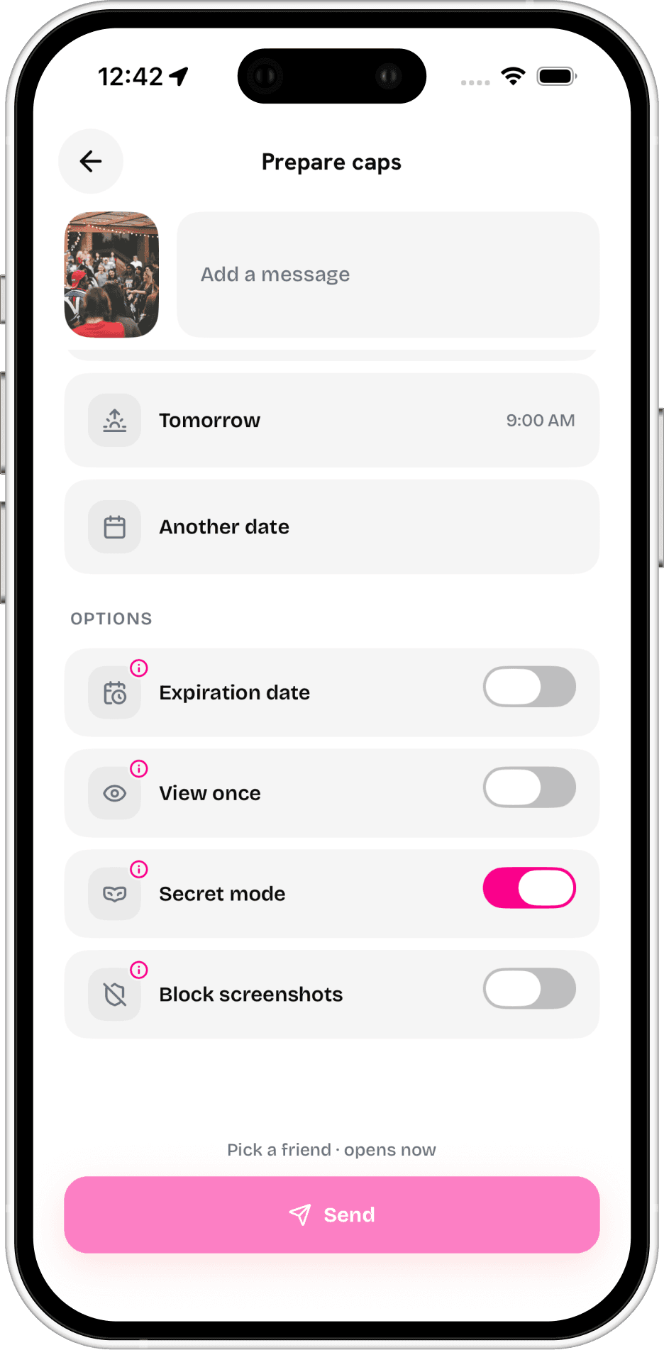 The caps options: expiry date, view once, secret mode, blocked screenshots